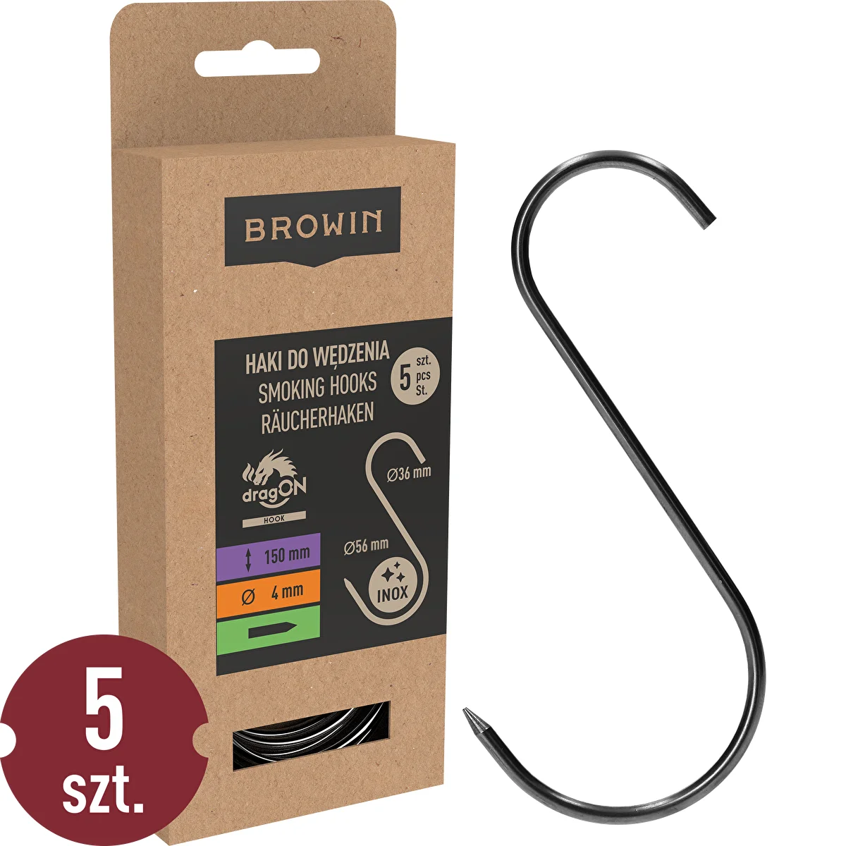 Suitsutuskonksud – S‑kujulised, teritatud, 4 mm x 150 mm, 5 tk