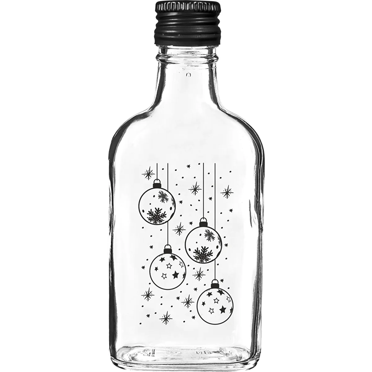 Piersiówka-tüüpi pudel 200 ml keeratava korgiga, trükiga „Jõulukuulid”, 1 tk