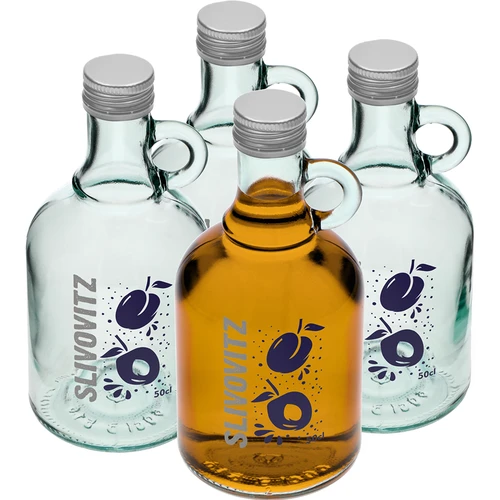 500 ml pudel keeratava korgi ja kahevärvilise Slivovitz-trükiga - 4 tk.