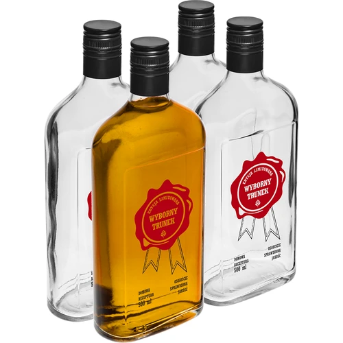 500 ml pudel keeratava korgiga ja kahevärvilise trükiga Wyborny Trunek - 4 tk