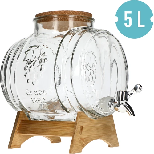 Klaasist 5 L tünn, laia täiteavaga, korgiga, alusega ja kraaniga - 2