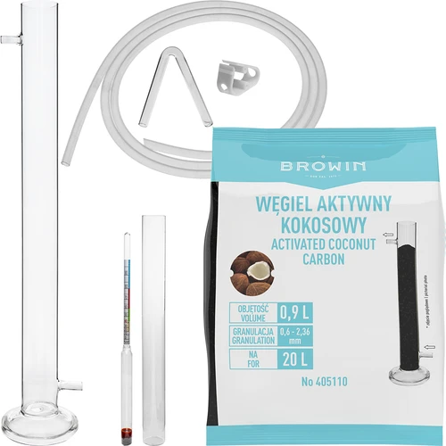 Klaasist filtreerimiskolonn komplektis alkoholimeetri, silikoonvooliku ja kookospähkli aktiivsöega