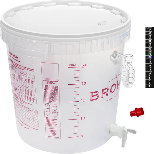 Õlle kääritamise anum koos käärimisluku, kraani, termomeetri ja settevähendajaga