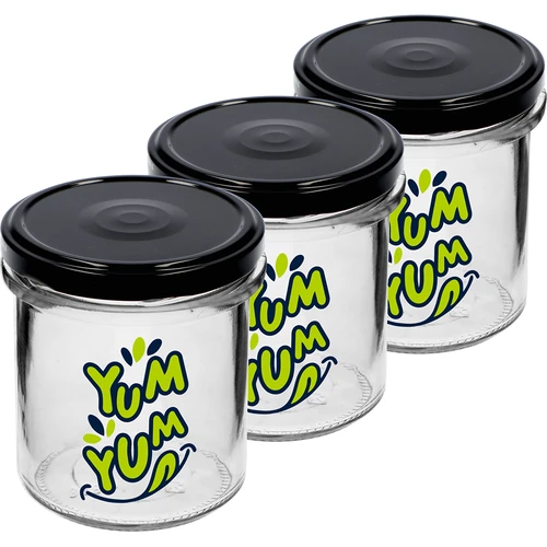 Sirge purk 346ml fi 82 värvilise trükiga "Yum Yum" ja musta keeratava kaanega, 3 tk. - 2