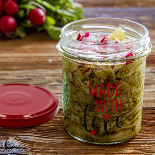 Sirge seinaga purk 346 ml fi 82 värvilise trükiga "Made With Love" ja bordoopunase kaanega, 3 tk. - 8