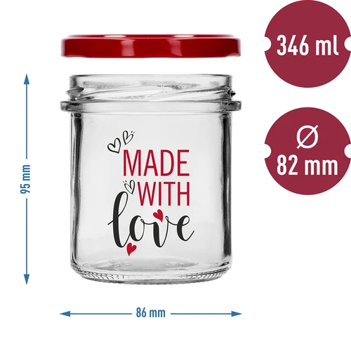Sirge seinaga purk 346 ml fi 82 värvilise trükiga "Made With Love" ja bordoopunase kaanega, 3 tk. - 6